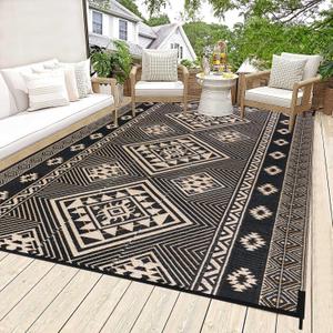 HiiARug Outdoor Rug 5'x7' Outdoor Plastic Straw Rug Waterproof Patio Mat Camping Rug Reversible RV Mat Outdoor Area Rugs for Outdoors, RV, Patio, Backyard, Deck, Camping (Black&beige&orange)