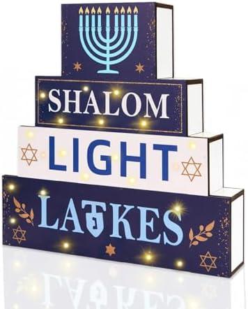 Bafeil Hanukkah Decorations Wooden Block Sign with LED Lights, Blue & White Hanukkah Design for Jewish Judaism Chanukah Table Mantel Outdoor Holiday Home Decor