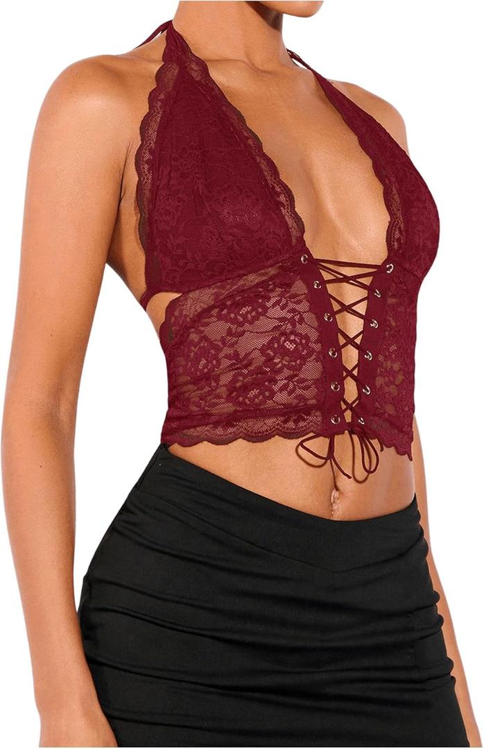 SOLY HUX Women's Sexy Lace Sheer Corset Top Halter Neck Tie Up Backless Crop Tops Party Rave Outfits (Medium)