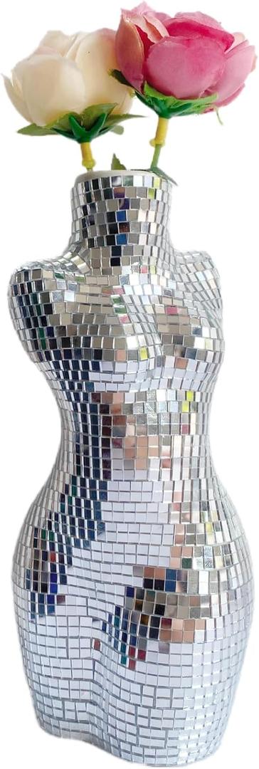 Modern Chic Vase Form, Centerpieces 7 inch Silver Handmade Ceramic Disco Shaped Vase, Creative Disco Floral Vases for Flowers Plant Boho Home Art Decor, 3x2.4x7inches