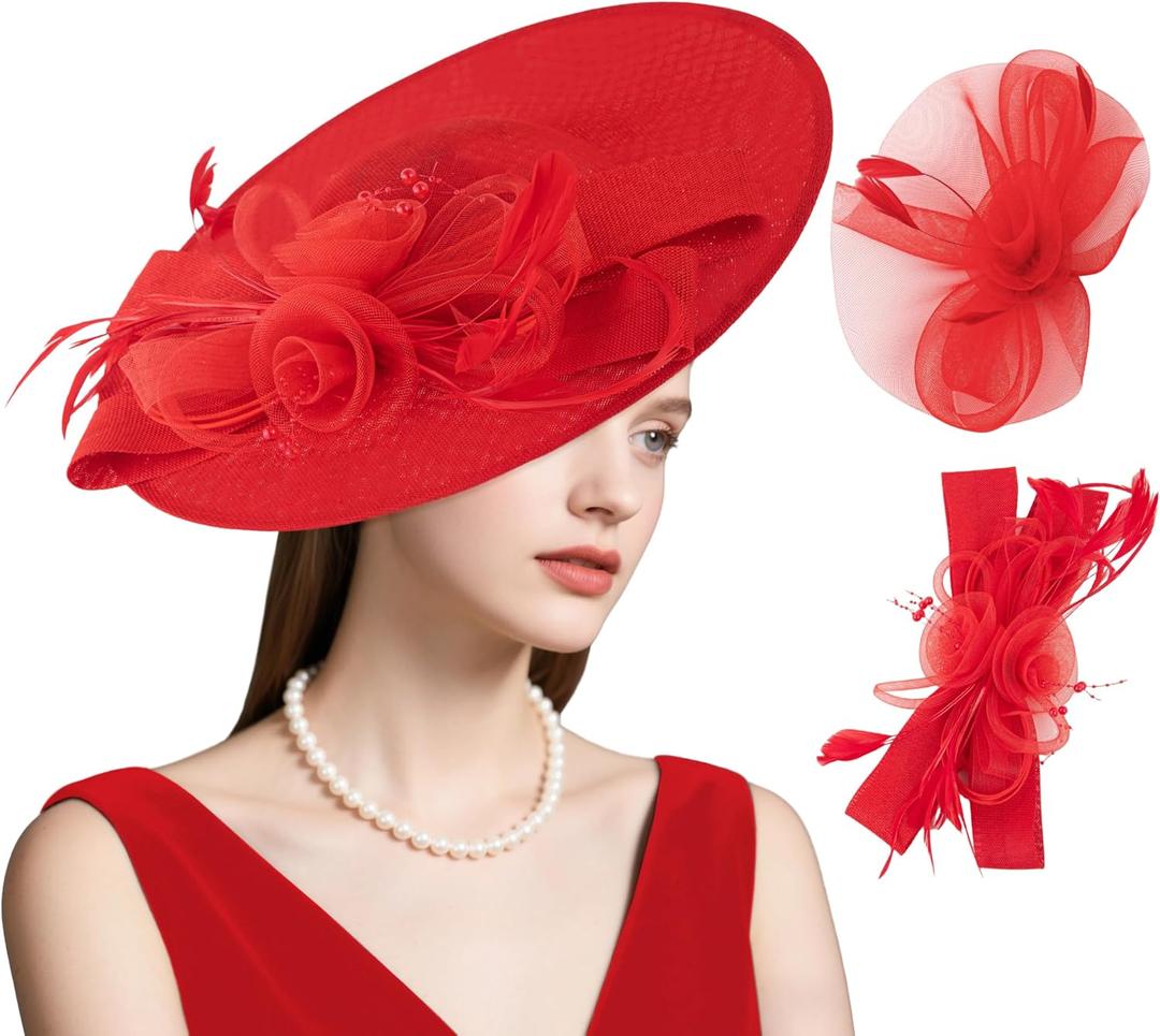 dressfan Wide Brim Fascinator Derby Hats for Women,20s Detachable Flower Hat with Headband for Derby Church Wedding Tea Party (Red, M)