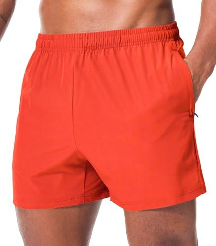 Surenow Men's Workout Running Shorts Quick Dry Gym Shorts Active Lightweight Shorts Athletic Shorts for Men with Zip Pockets Orange L