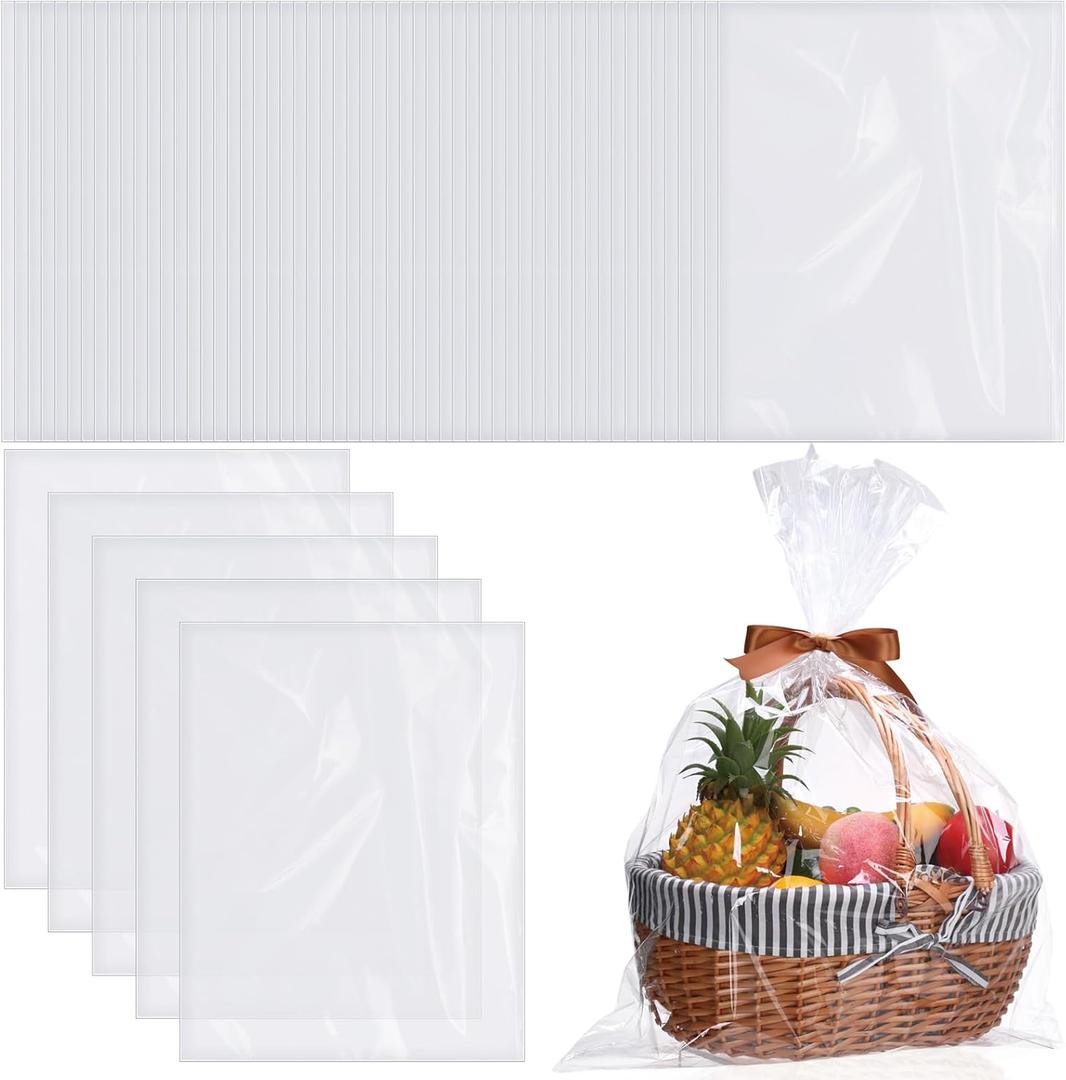 Kolldenn 50 Pcs Large Cellophane Bags 24 x 30 Inch Clear Cellophane Wrap for Gift Baskets Clear Gift Bags Packaging for Baby Bridal Shower Weddings Graduation