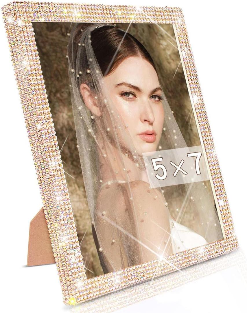 5x7 Bling Picture Frame Display Pictures 5x7, Tabletop or Wall Mount Glitter Shiny Crystal Photo Frame With Sparkle Glass Rhinestones, Horizontally or Vertically(Golden)