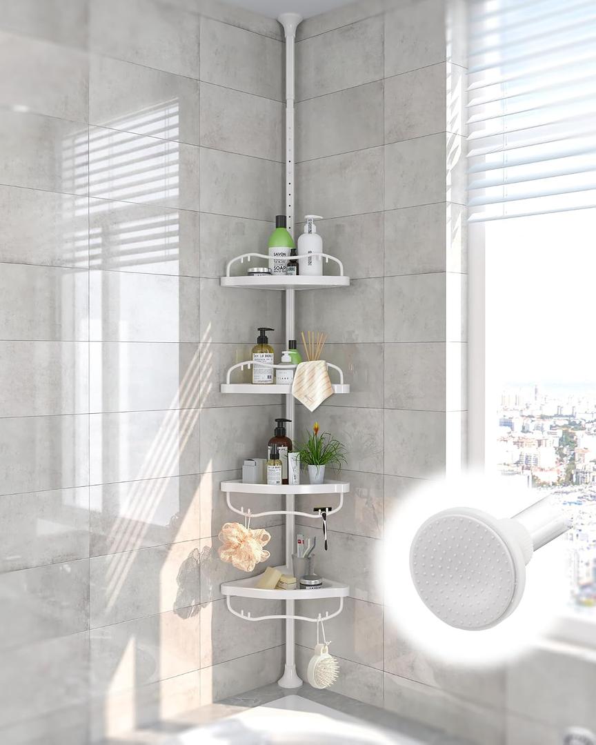Corner Shower Caddy:125" Adjustable Inside Tension Shower Organizer Tension Pole,Rustproof Bathroom Organizer Shelves for Bathtub Shampoo Conditioner Storage,Floor to Ceiling Standing Showering Rack