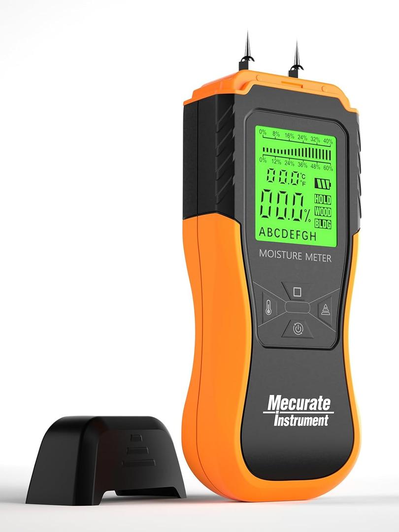Mecurate Digital Pin Type Wood Moisture Meter with 3 Colored Indicators, Moisture Detector 2 Mode 8 Calibration Large Backlit for Wood, Wall, Firewall (Orange)