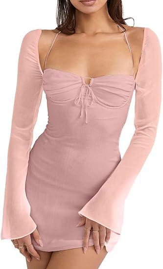Zebaexf Women's Mesh Dress Long Puff Sleeve Mini Bodycon Sweet Neck Party Mini Dresses for Women (Medium-Large, Mesh-white)