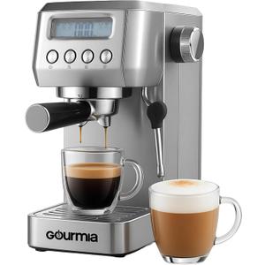 Gourmia Slim Espresso Machine with LCD Screen - Milk Frother, Adjustable Temperature, Manual & Auto Brew, Single/Double Shot, Hot Water Dispenser, Descaling Mode, Compact