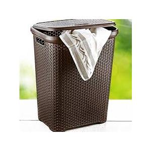 Mind Reader Slim Laundry Hamper with Lid, 50L Clothes Basket, Premium Wicker Design, Plastic, Brown