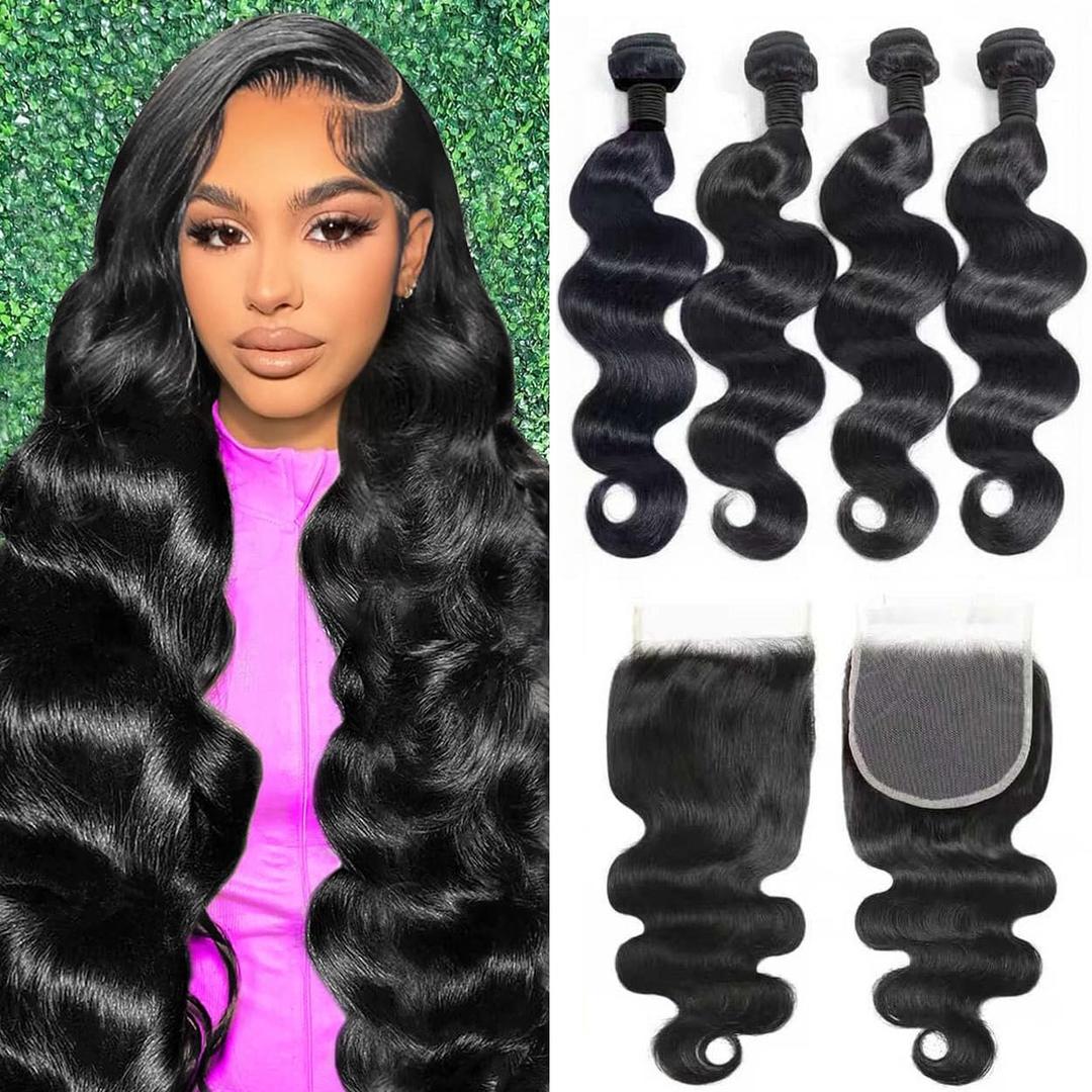 12A Human Hair Bundles with Closure 14 16 18 20+12 Inch Body Wave 4 Bundles Human Hair with 5x5 HD Lace Closure Brazilian Unprocessed Virgin Human Hair