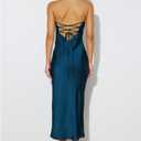 Summer Satin Strapless Backless Wedding Guest Midi Dress for Women Elegant Tube Top Sleeveless Tie Back Maxi Dresses (Teal, L)