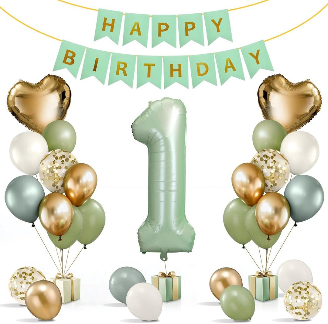1st Birthday Decorations Girl, First Birthday Decorations for Girl with Happy Birthday Banner, 40inch 1 Balloon Number, Sage Green Balloons, Baby One Year Old Birthday Party Decor