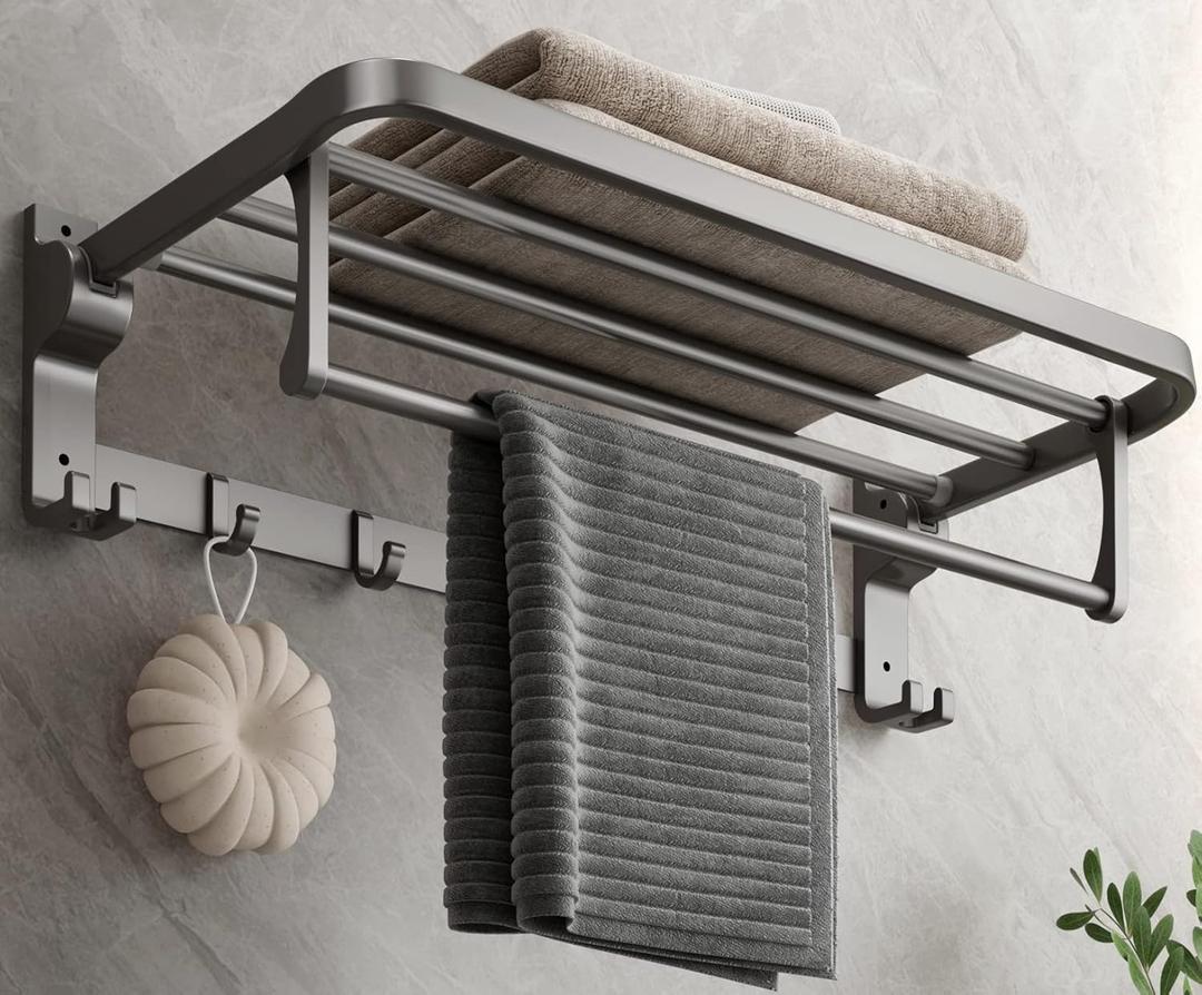 Bathroom Towel Rack with Towel Bar and Hooks 23.6 in Foldable Towel Shelf Wall Mounted Lavatory Towel Organizer Modern Gray Finish