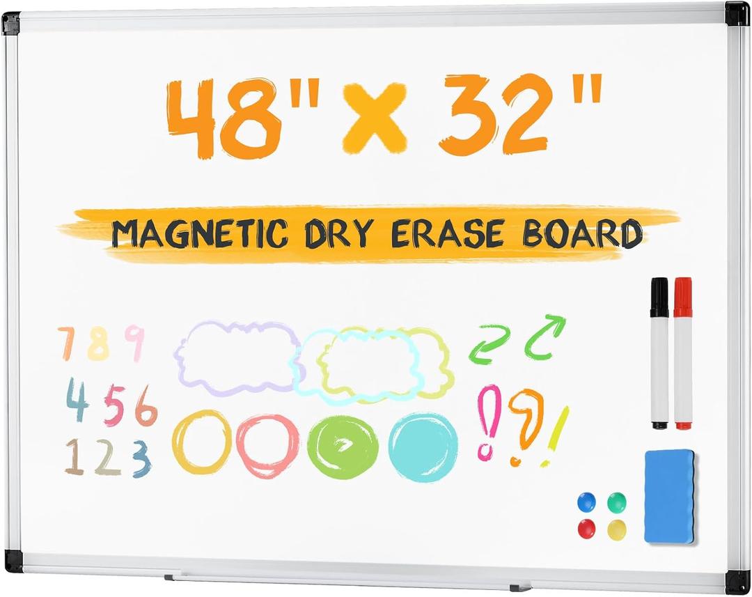 NEWBULIG White Board, 48" x 32" Magnetic Dry Erase Board for Wall with 1 Dry Eraser & 2 Multi-Color Markers & 4 Magnetic Pins, Silver Aluminum Frame for Office, Home, School