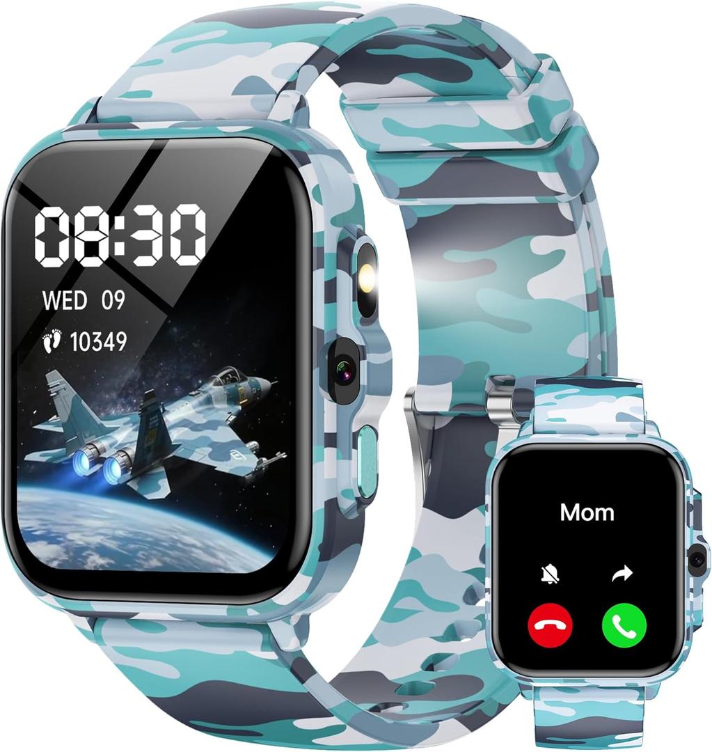 Smart Watch for Kids Boys Age 5-12, Ai Functions Games HD Touch Screen Watches with Video Camera Music Player Pedometer Heart Rate Sleep Tracker Christmas Birthday Gifts for Boys (Camouflage, 1.85")