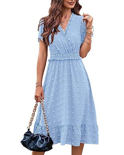 BTFBM Elegant Short Sleeve V Neck Swiss Dot Midi Summer Dresses for Women 2023 Boho Ruffle Long Dresses Ruffle Cocktail Dress（Solid Sky Blue, Small