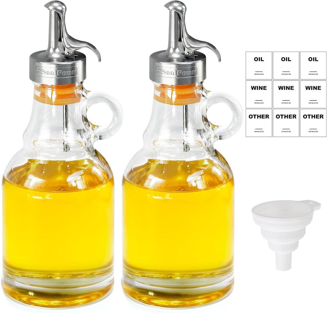 Olive Oil Dispenser Bottle,Glass Oil Dispenser with Stainless Steel Spouts,Oil Bottles for Kitchen, Oil Dispenser Bottle with Drip Free Spouts (2pcs) 12 oz (B3500-P3622, Transparent)