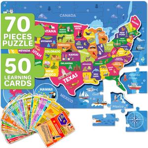 QUOKKA United States Puzzles for Kids Ages 4-6 - 70 Pcs Floor Puzzles for Kids Ages 6-8 Preschool Activities - Includes 50 Cards with 400+ USA Facts- State-Shaped Jigsaw Puzzle Gift for Girls Boys
