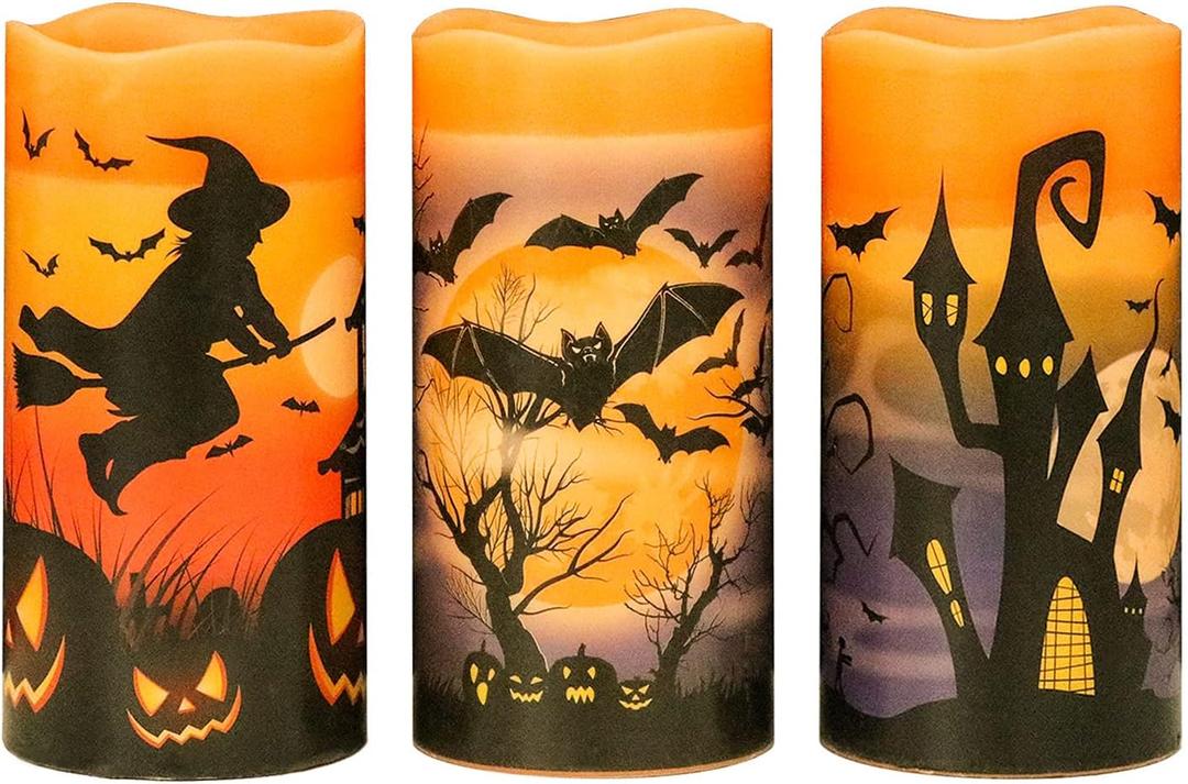 Eldnacele Halloween Flameless Flickering LED Candles with 6-Hour Timer, Battery Operated Wax Candles Assorted Decals Witch, Bats, Castle Set of 3 for Decoration