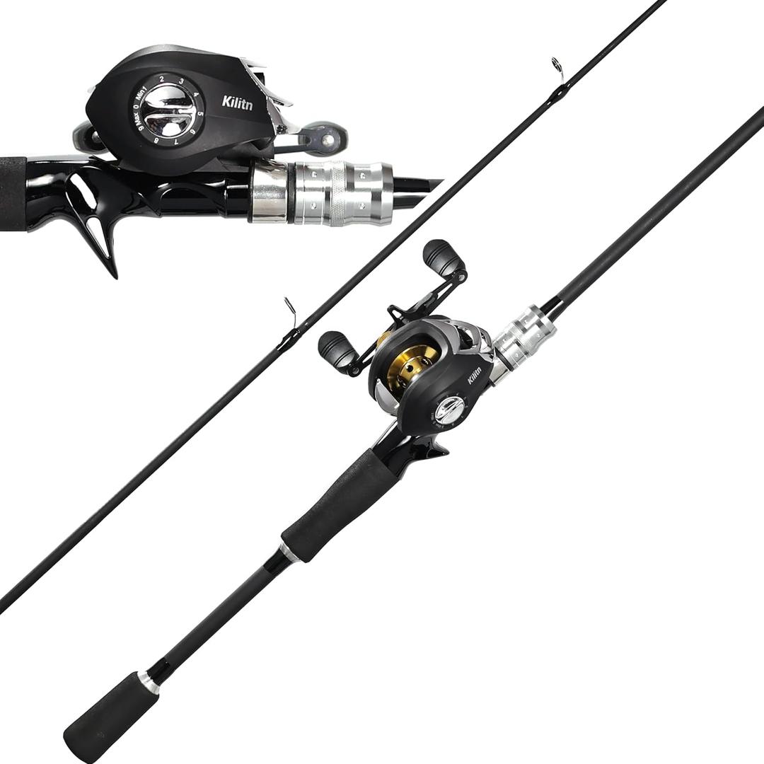 Kilitn Fishing Rod and Reel Combo, Black Color Baitcasting Combo Baitcast Reel, 2-Piece Baitcaster Rod, Durable Fiberglass with Comfortable EVA Handle (Casting Left 6FT)