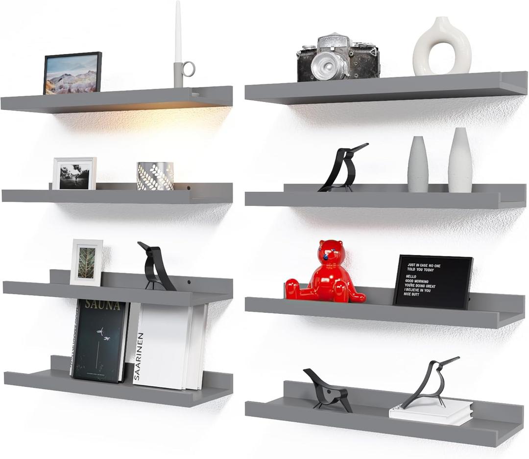 RICHER HOUSE 8 Set Floating Wall Mounted Shelves, Nursery Hanging Book Shelves with Lip for Storage, Gray Display Picture Ledge Shelf for Bedroom Bathroom Kitchen Living Room Wall Decor, Modern Grey (8pcs*15.70in)