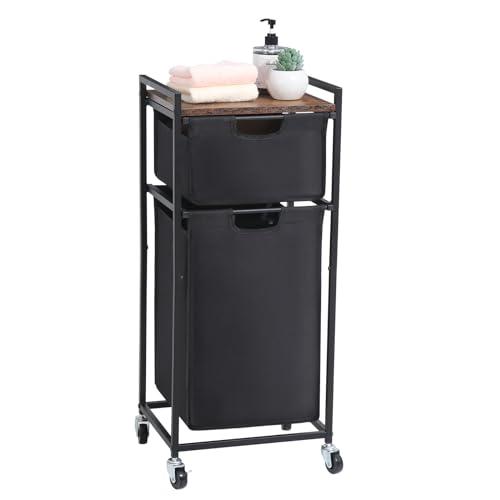 LUCKUP Laundry Hamper with Shelf, Laundry Sorter 2 Section with Removable Bags, Laundry Basket Cart with Table Wheels, Laundry Room Storage and Organization, Dirty Clothes Hamper for Small Space