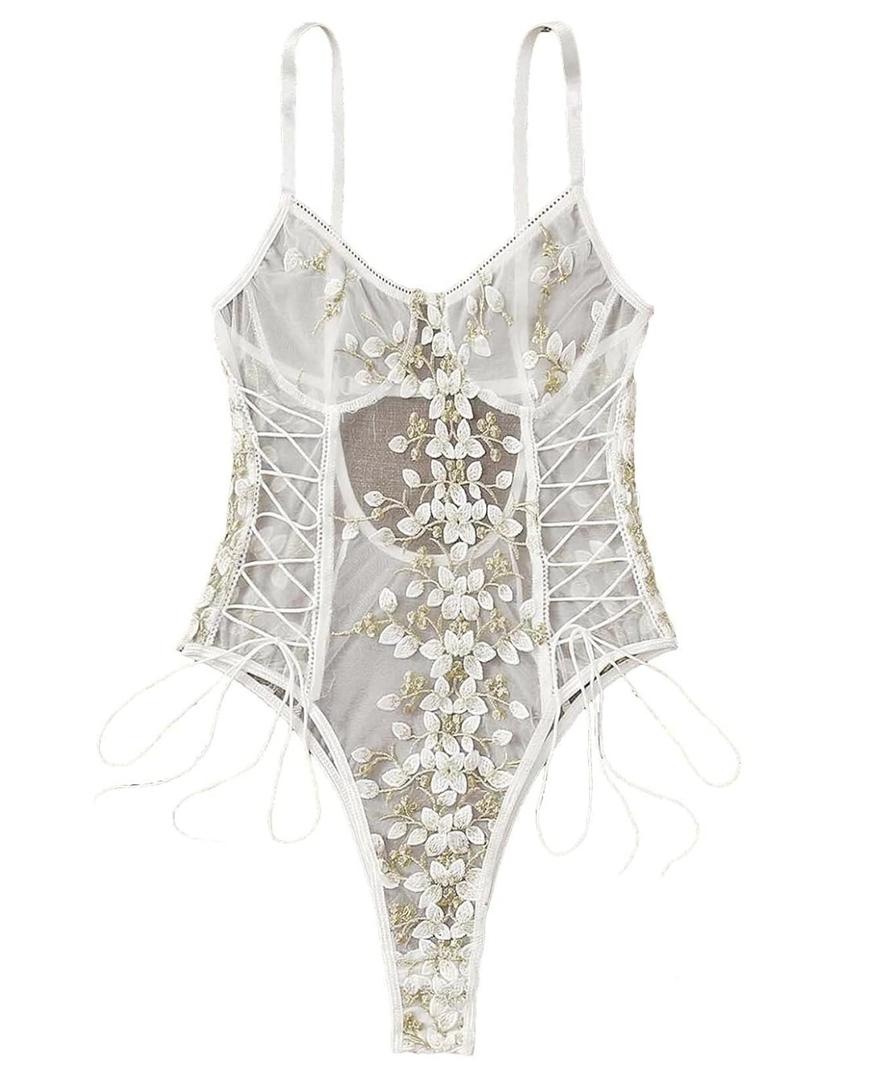 Lilosy Women Sexy Lace Up Floral Embroidered Teddy Lingerie Bodysuit Top Mesh Sheer One Piece Large