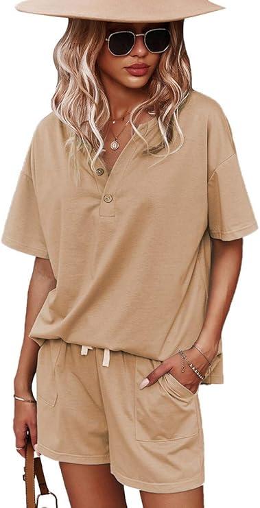 CORSKI Women's Short Sleeve Sweatsuit Sets Lounge 2 Piece V Neck Tracksuit Casual Loose Fit Outfits M