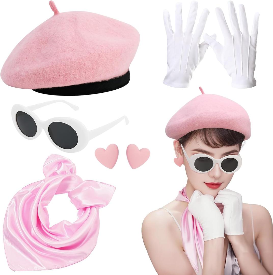 XEPST 6PCS French Women set - 50s Fancy Dress for Women with French Beret Hat Sunglasses Scarf Gloves Earrings 1950s Costume Kit for Halloween Costume Cosplay Carnival Fancy Dress Up, Lightpink