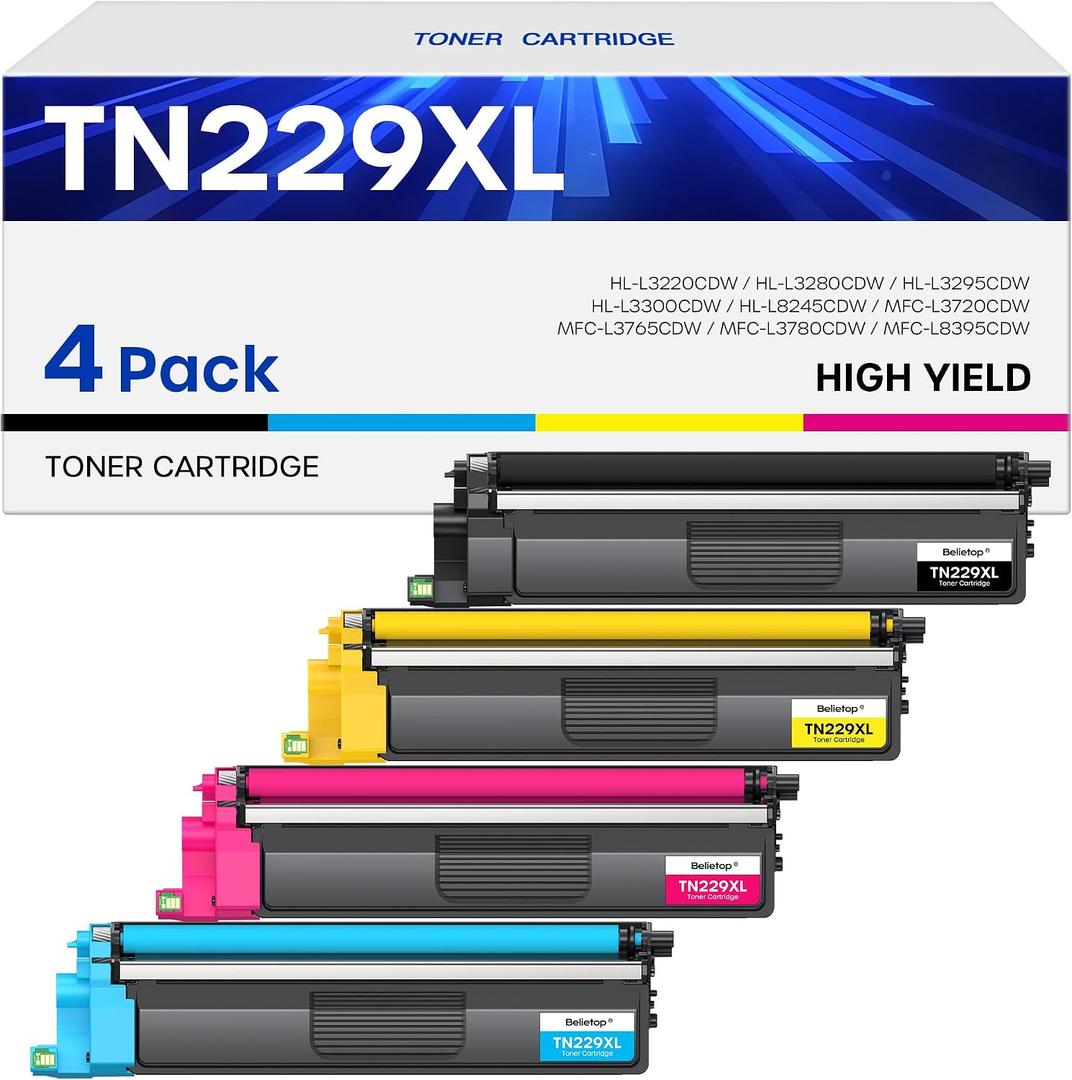 Compatible TN229XL Toner Cartridges High Yield Replacement for Brother TN229XL TN 229XL for MFC-L3780CDW MFC-L3720CDW HL-L3280CDW HL-L3220CDW HL-L3300CDW HL-L3295CDW Printers (4 Pack, B/C/M/Y)