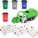 FIVEDAOGANG Small Friction Powered Garbage Truck Toys Set, Includes Front Load Dumpster, 4 Trash Bins and Trash Learning Cards for Kids