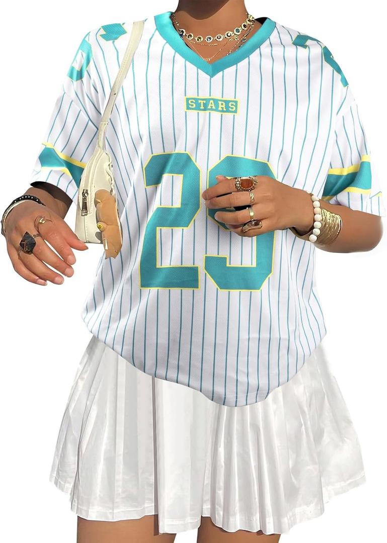 Jersey Shirts for Women Oversized: Y2K V Neck Striped Number Graphic Jersey Y2K Streetwear Short Sleeve Tee Tops (XXL)