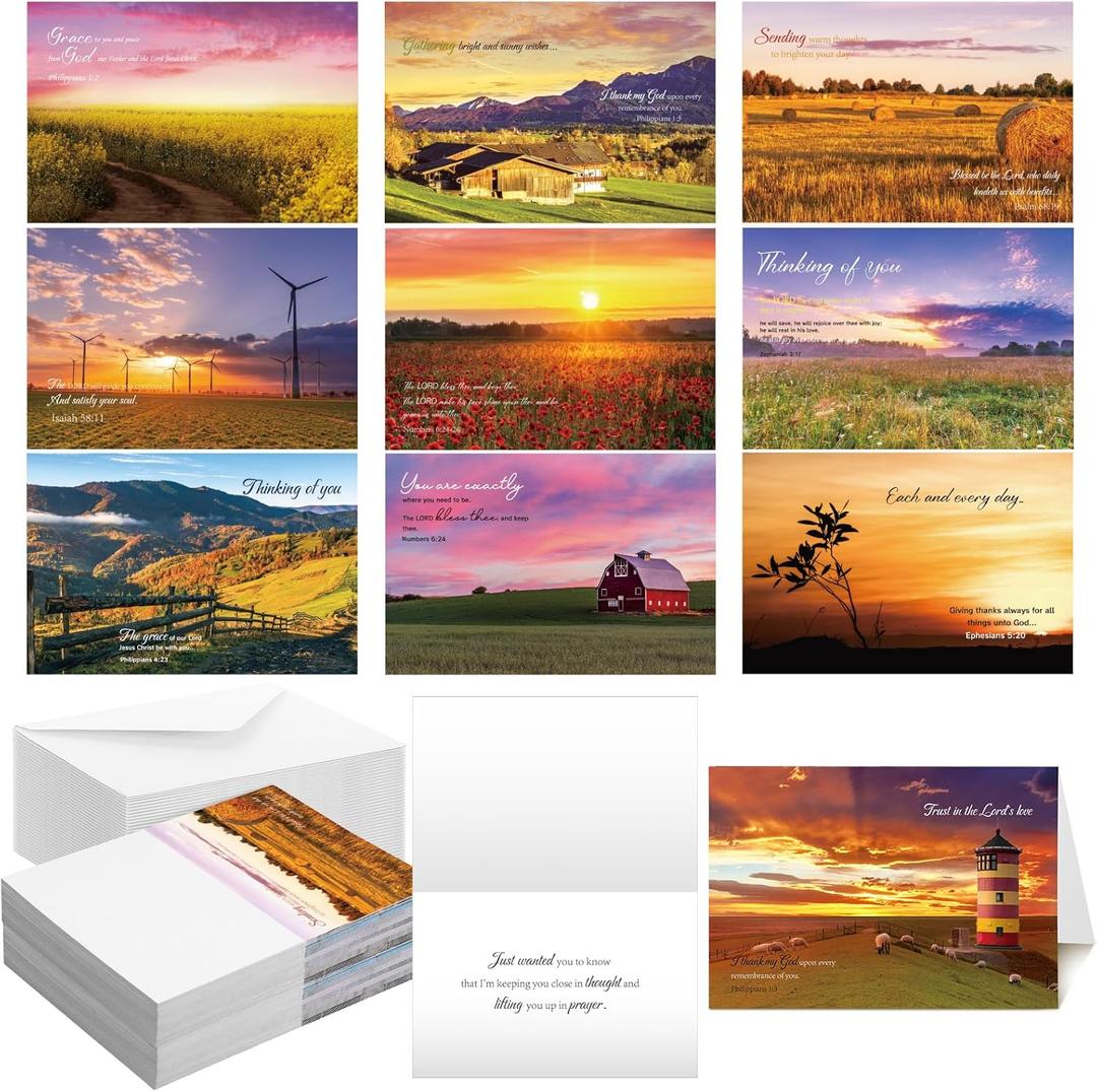 50 Pcs Religious Thinking of You Cards Bulk with Biblical Scripture Verses Blessing 10 Designs 4 x 6 Inch Christian Inspirational Thinking of You Greeting Card with Envelopes (Landscape)