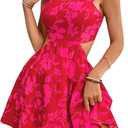 MakeMeChic Women's Floral Summer Dress Cut Out Sleeveless High Waisted Ruffle Mini Short Beach Dress (Hot Pink), L