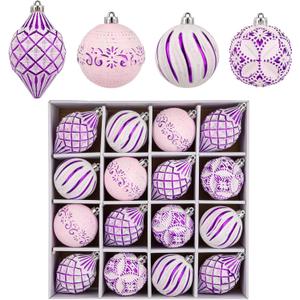 16PCS Shatterproof Christmas Ball Ornaments Set, Hand-Painted Holiday Decor with Assorted Sizes & Designs for Christmas Tree Thanksgiving Party Decoration, Purple-White