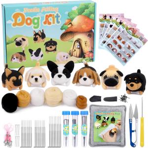 Needle Felt Starter Kit, 6 Pieces Dog Wool Needle Felting Kit, Needles Felting Supplies with Instruction, Felting Foam Mat, Wool Felting Kit for DIY Craft Animal Home Decoration