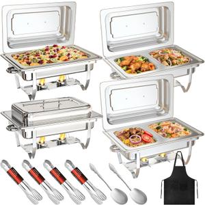 MEEZY 4 Pack 9QT Chafing Dish Buffet Set, Stainless Steel Buffet Chafers with Full Size, Half Size, Size Pan Foldable Catering Food Warmer for Wedding Banquet Catering Party