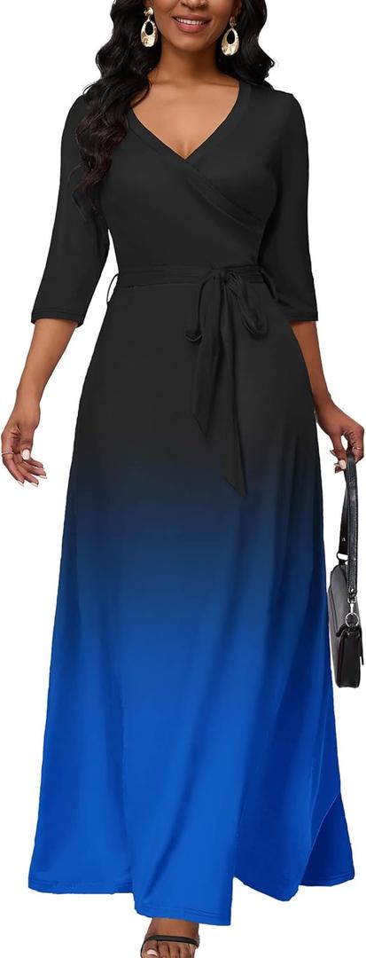 AOMONI Maxi Dress for Women Gradient Casual Long Sundress V Neck 3/4 Sleeves with Belt (Medium, 1-black Blue)