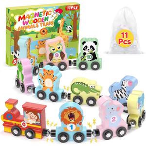 11 Pcs Magnetic Train Set Montessori Toys for 1 2 3 Years Old Toddlers Boys Girls, Wooden Animals Preschool Learning Activities Educational Sensory Toys Birthday Gifts Ages 13, 24