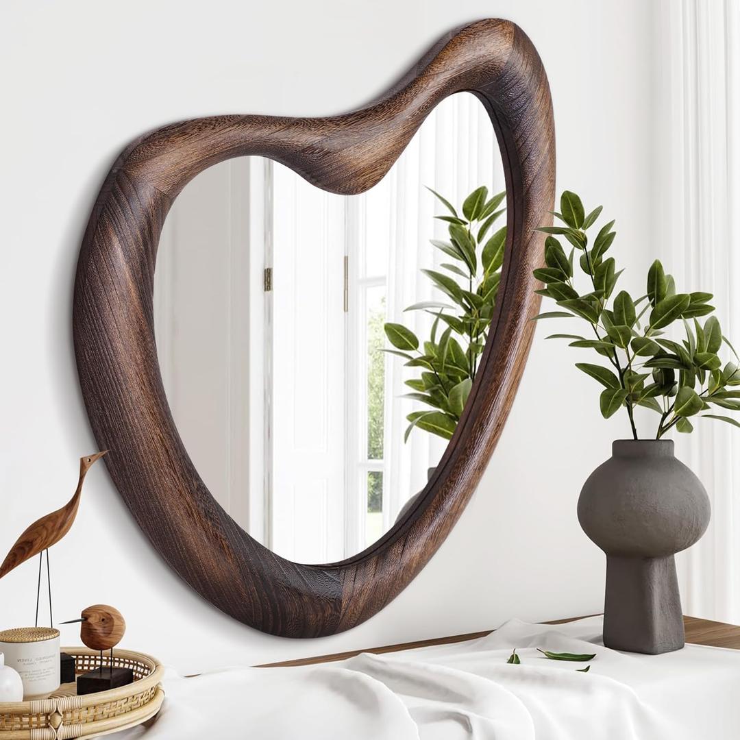 Irregular Wall Mirror, 28"x20" Asymmetrical Wood Mirrors, Modern Wood Frame Unique Shape Wall Mounted Vanity Artistic Mirror Decorative for Living Room Bedroom Bathroom Entryway Large (Rustic Brown)