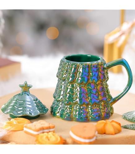 15oz Christmas Tree Mug with Lid Cute Ceramic Xmas Tree Coffee Mug Adorable Festive Ceramic Coffee Cup Winter Xmas Holiday Birthday Tabletop Drinkware Teacup Gifts for Adults Kids Women
