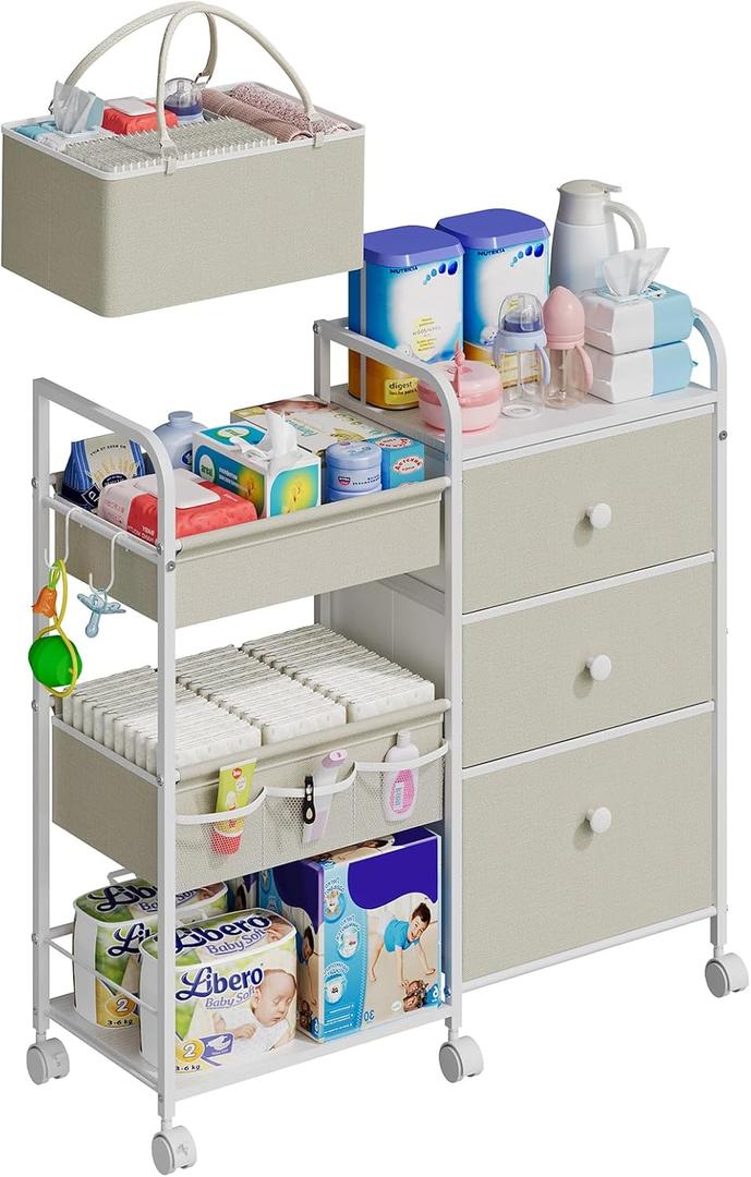 2In1 Baby Diaper Caddy Organizers and Storage, 3 Tier Rolling Cart with Dividers and Drawers, Mobile Utility Cart Baby Dresser Clothes Organizer for Changing Table, Crib Nursery, Bedroom (White)