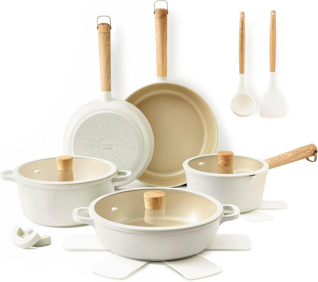 SENSARTE 17Pcs Ceramic Nonstick Cookware Set Non-toxic Healthy Pots and Pans Set Ceramic Kitchen Cooking Frying Pans with Stay-cool Handle, PFAS/PTFE/PFOA Free, Dishwasher Safe, Induction Compatible, 15 Pieces