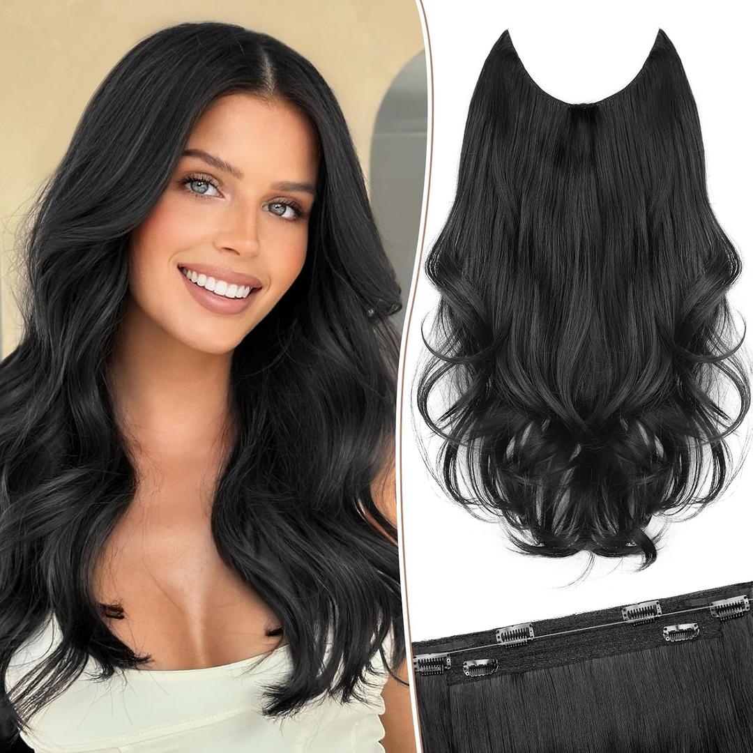 KooKaStyle Invisible Wire Hair Extensions Long Wavy Layered Synthetic Hair Extensions with Transparent Wire Adjustable Size 6 Secure Clips Black Hairpieces for Women 16 Inch