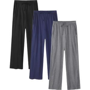 Wenouy 3 Pack Womens Cotton Pajama Pants Lightweight Soft Loose Casual Lounge Pants Pajama Bottoms PJ Sleepwear with Pockets (Large, Black, Navy Blue, Light Grey)