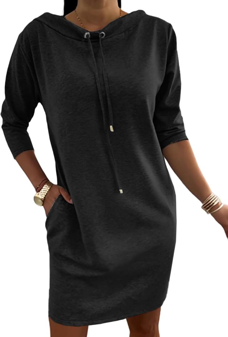 CHICME Women's Sweatshirt Dress Casual 3/4 Sleeve Mini Dress Stand Collar Drawstring Pullover Tunic Top with Pockets (X-Large, Black)