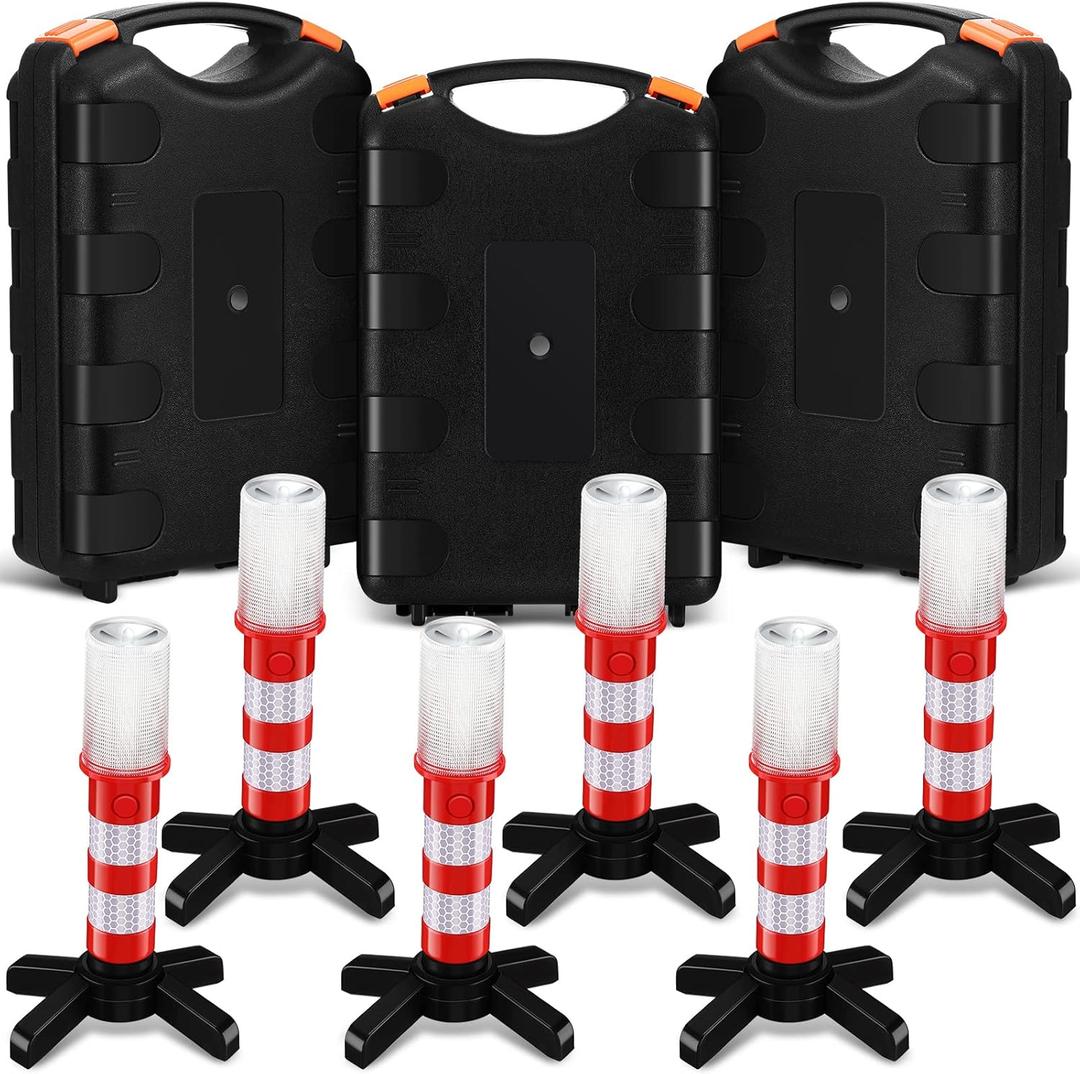 Riakrum 6 Pcs Emergency Roadside Flares Bulk Kit LED Safety Strobe Road Warning Light Bright Red Safety Beacon Strobe Light Roadside Flare Magnetic Base Detachable Stand Vehicle (Batteries Excluded)