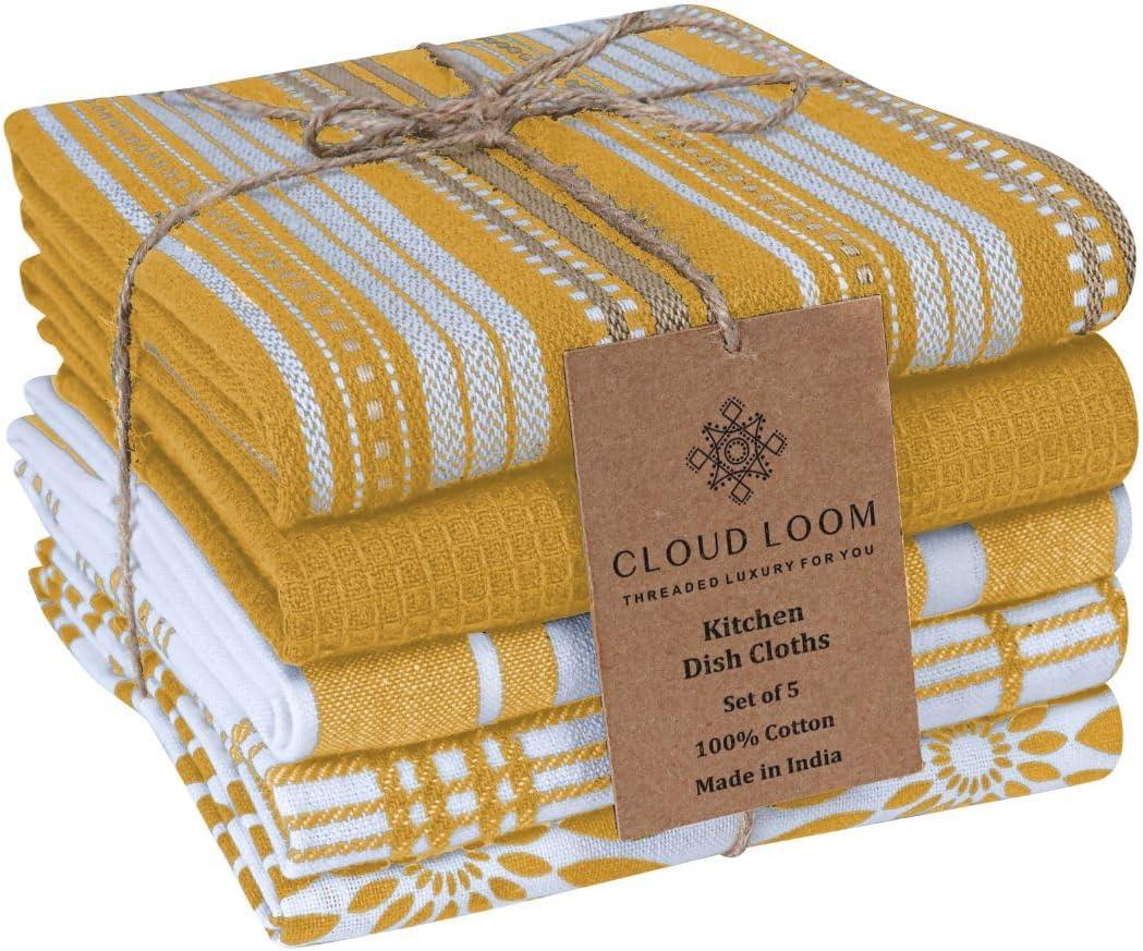 Assorted Kitchen Towels 16x26 inch 100% Cotton Set of 5 - Soft Absorbent Washable Tea Towel for Kitchen - Dish Cloths Towel with Hanging Loop - Quick Drying Dish Towels Mustard Yellow