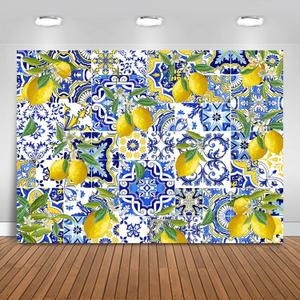 Blue Tiles Lemon Backdrop 8x6ft Summer Fruit Baby Shower Birthday Background Party Decorations Lemon Wall Paper Dessert Table Cloth Banner Photo Booth Props
