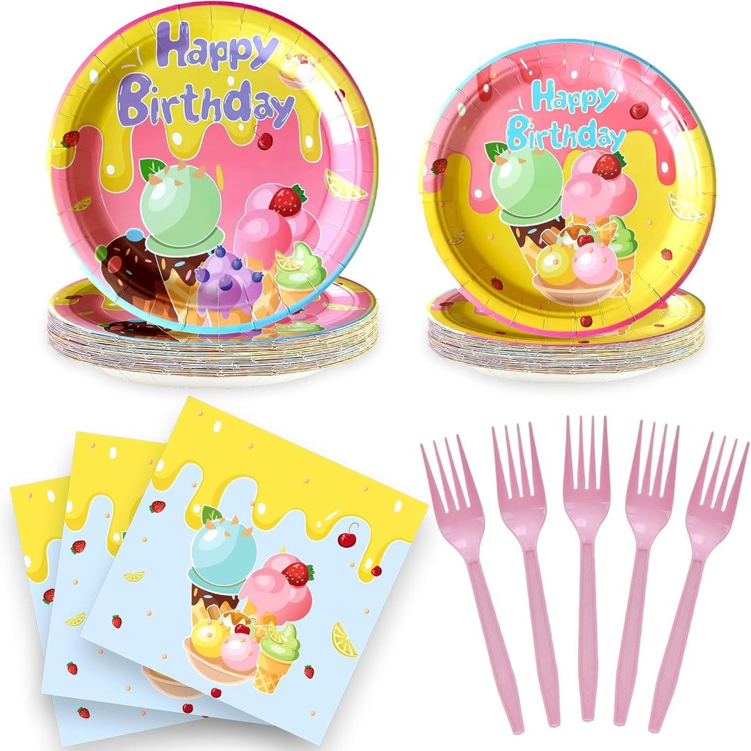 Ice Cream Plates and Napkins (100 PCS) Ice Cream Napkins, IceCream Paper Birthday Party Plates  IceCream Birthday Party Supplies for Girls  Summer Sweets & Popsicle Themed Tableware Set